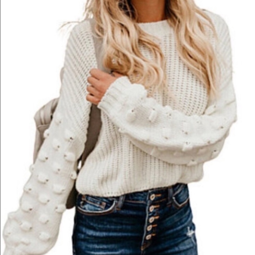 Moon & Madison Cream Sweater Chunky Knit Balloon Sleeves Cropped Small